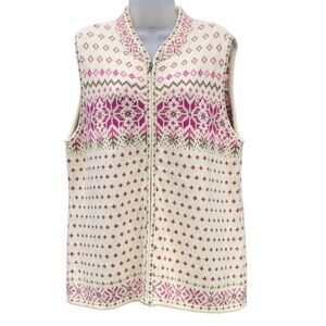 NOMADIC TRADERS Sz XL Cream & Purple Knitted Fair Isle Zipper Sleeveless Vest.